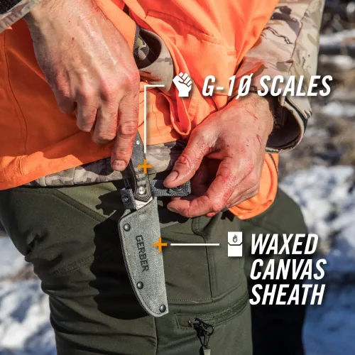 Vista 6 de Gerber Gear Downwind Caper - Cuchillo de hoja fija con funda para equipo de caza, color negro