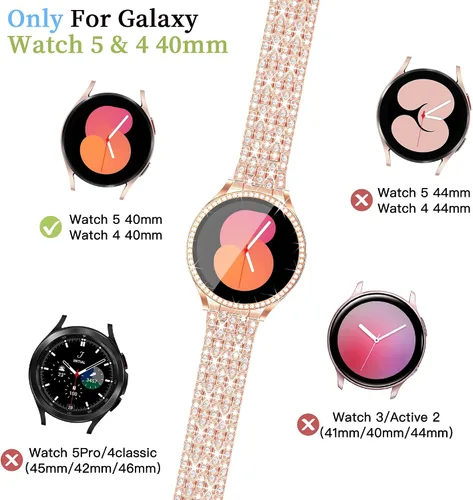 Vista 3 de Correa de diamantes compatible con Samsung Galaxy Watch 4 y 5, correa de 1.575 pulgadas con protector de pantalla, 0.787 pulgadas de liberación Oro