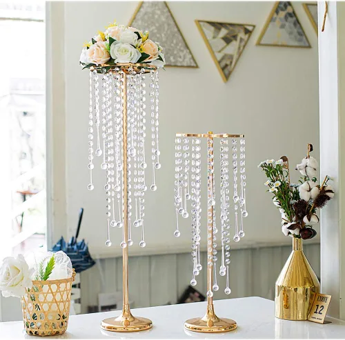Vista 7 de Centros de mesa de boda dorados de 29.5 pulgadas para mesa, 2 jarrones altos, centros de mesa de boda con cuentas de cristal brillantes, soporte