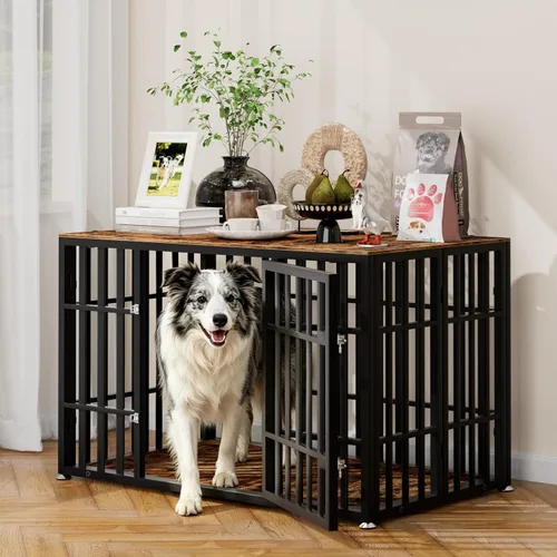 Vista 14 de Snuowu Mueble de jaula de perro resistente de 26 pulgadas para perros pequeños, medianos y grandes, jaula de madera rústica para perros, muebles
