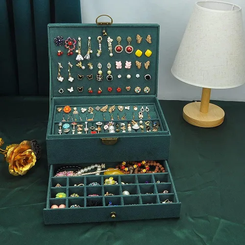 Vista 2 de GYJOYERO Joyero organizador de aretes de joyería para mujeres y niñas, 4 capas con cajones, collares, anillos, relojes, vitrina, almacenamiento