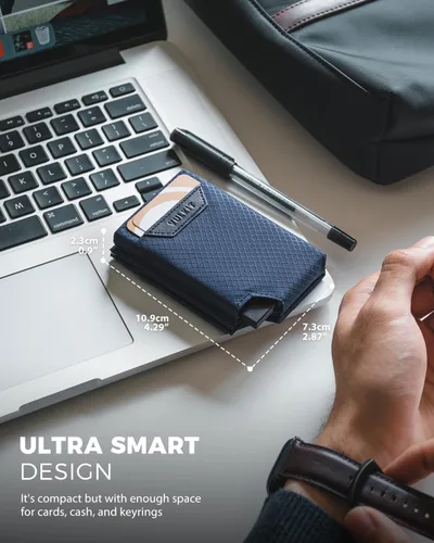 Vista 6 de VULKIT Tarjetero desplegable plegable con compartimento para dinero, estuche para tarjetas de visita minimalista con bolsillo frontal, marino