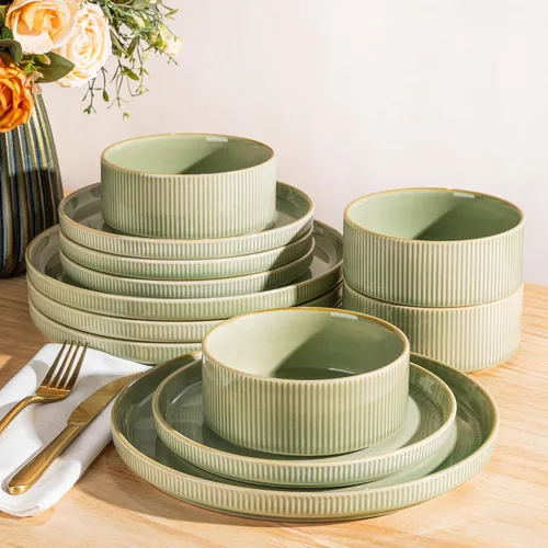 Vista 29 de TheTerra Juego de vajilla de cerámica para 4, juego de 12 platos y cuencos ligeros de porcelana, resistente a los arañazos, apto para horno