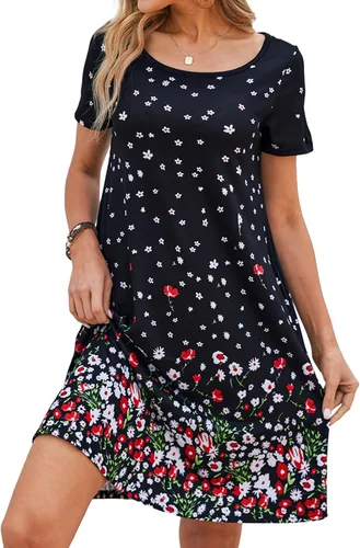 Vista 2 de Sherosa - Vestido de verano sin mangas o con manga corta, estampado floral, con bolsillos, casual, suelto, con vuelo, vestido estilo camiseta