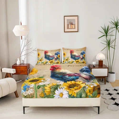 Vista 4 de Bonita sábana bajera ajustable para niños, tamaño individual, juego de ropa de cama rústica de pollo, decoración de dormitorio para niños y adultos