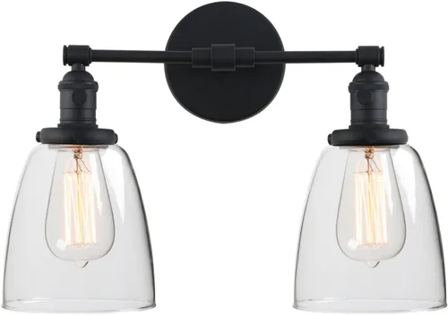 Vista 4 de Phansthy Apliques de pared industriales retro de 2 luces, lámpara de tocador de baño, lámpara de pared con doble pantalla de vidrio transparente