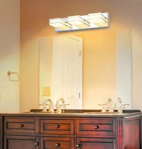 Vista 9 de 3 lámparas de baño regulables de temperatura de color para sobre espejo, lámparas de tocador LED cromadas de 3 luces, lámparas de tocador de baño