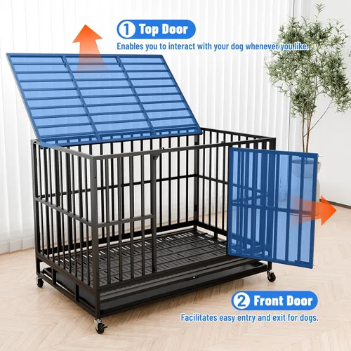 Vista 3 de NUGRIART - Jaula de perro de 42 pulgadas resistente e indestructible, perrera XL de acero a prueba de escapes para perros grandes, diseño de doble