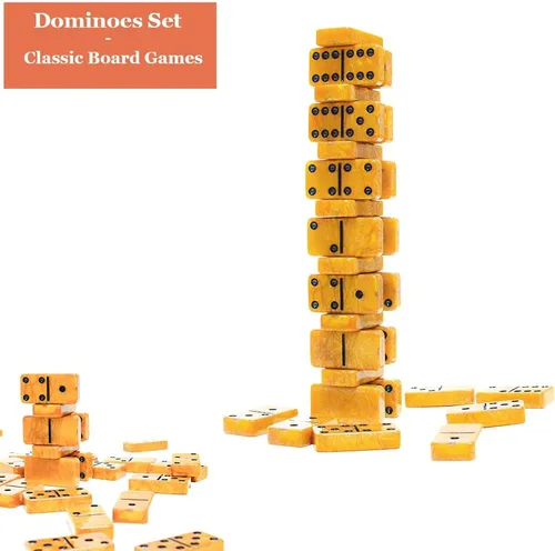 Vista 5 de Juego de dominó Vovotuzzi para adultos, dominó grueso, juego de dominó doble 6 para adultos y niños, 28 fichas de mármol dorado en estuche de cuero