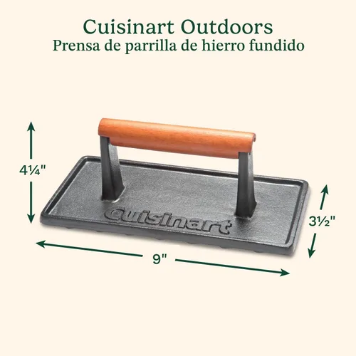 Vista 2 de Cuisinart - Prensa de parrilla de hierro fundido con mango de madera, prensa de hamburguesa rectangular antiadherente de alta resistencia con mango
