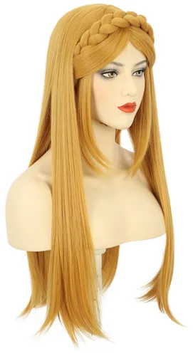 Vista 3 de karlery Peluca larga recta amarilla para mujeres adultas con trenza para Halloween, cosplay, fiesta de disfraces, peluca con orejas de elfo
