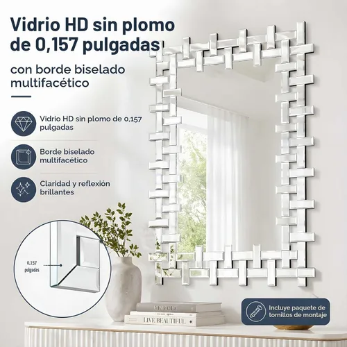 Vista 3 de Espejo decorativo grande de 36 x 24 pulgadas con marco de vidrio