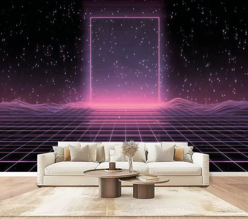 Vista 12 de Mural de pared Synthwave de onda de vapor retrowave rosa de gran brillo medio autoadhesivo autoadhesivo removible adhesivo adhesivo de pared