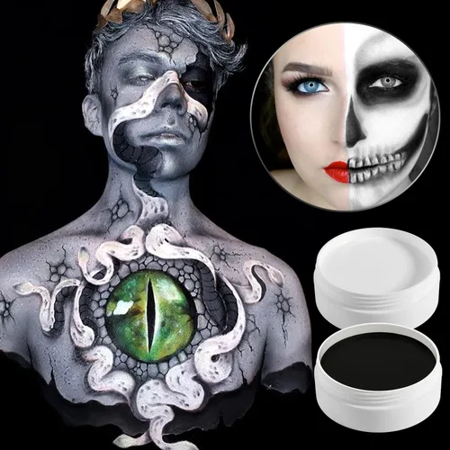 Vista 7 de DE'LANCI Face Paint Black + White Clown Makeup Face Body Paint Set, High Pigment Professional Oil-Based Cosmetic Paint for Halloween SFX Makeup