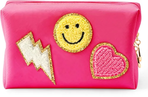 Vista 14 de LieToi - Bolsa de aseo pequeña con parche preparado, sonrisa, relámpago, corazón, arcoíris, de piel sintética, bolsa de maquillaje impermeable Azul