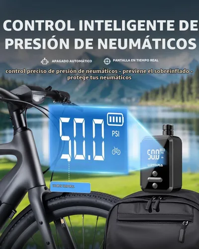 Vista 5 de URTOPIA Bomba eléctrica para bicicleta, bomba de aire de inflado rápido con medidor, hasta 150 PSI, disipación de calor eficiente, recargable