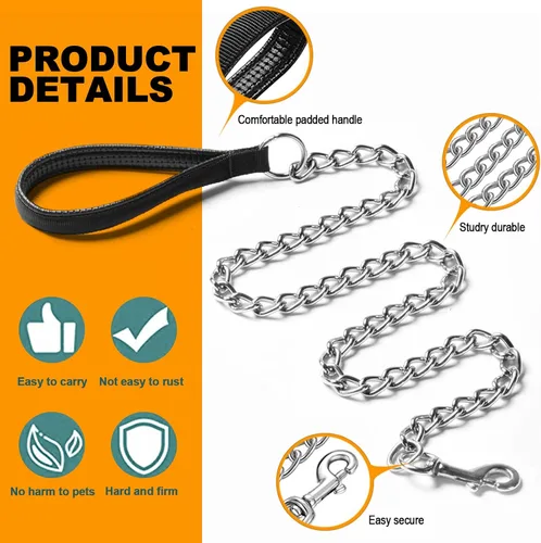 Vista 2 de Correa de metal resistente para perros, cadena de correa para mascotas a prueba de mordidas de 4 pies con mango acolchado suave para perros grandes