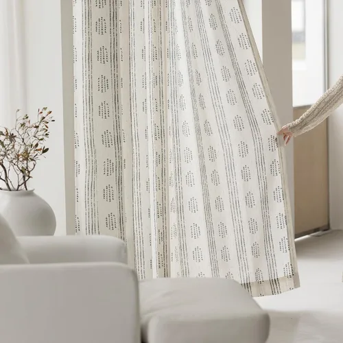 Vista 8 de Cortinas de lino bohemio para dormitorio y sala de estar, cortinas de estilo granja 63 pulgadas de largo, diseño geométrico a rayas con ojales
