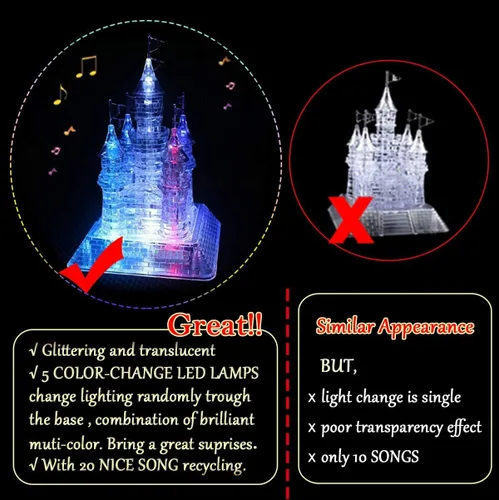 Vista 3 de Coolplay Rompecabezas musical de castillo de cristal 3D de 20 canciones para adultos, base iluminada incluida, 105 piezas