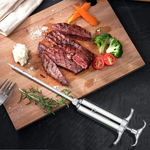 Vista 2 de JY COOKMENT Jeringa inyectora de carne 2-oz Barril sabor adobo de acero inoxidable 304 con 3 agujas profesionales 2 cepillos de limpieza y 4 anillos