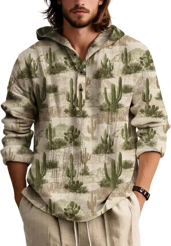 Vista 17 de Sudadera con capucha con estampado bohemio para hombre, de otoño, a la moda, con un cuarto de botón, manga larga, holgada, con capucha, de gran
