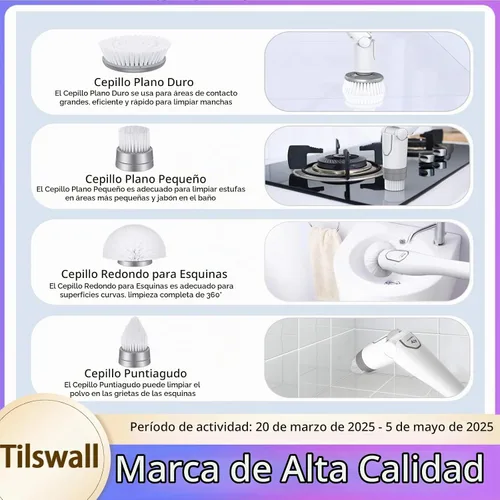 Vista 8 de Tilswall Limpiador eléctrico inalámbrico giratorio – Cepillo de limpieza impermeable IPX7 con 180 minutos de funcionamiento y mango extensible de 43