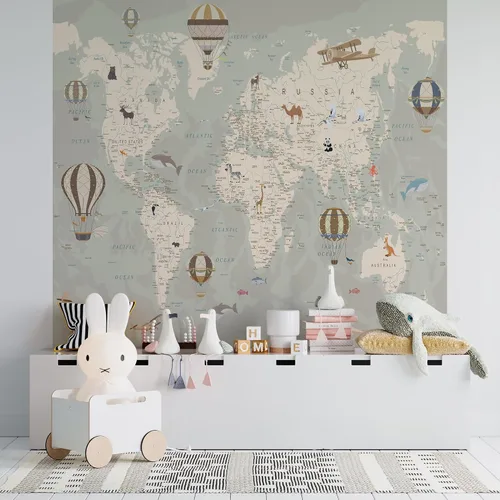 Vista 7 de Papel tapiz de mapa del mundo para niños con animales, calcomanías educativas para despegar y pegar, murales de guardería para bebés, niños