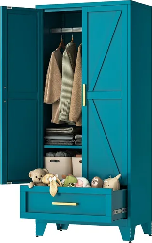 Vista 8 de LCAOPC Armario de metal de 71 pulgadas de alto con cajón y barra para colgar, armario de 2 puertas con estante para dormitorio, oficina, lavandería