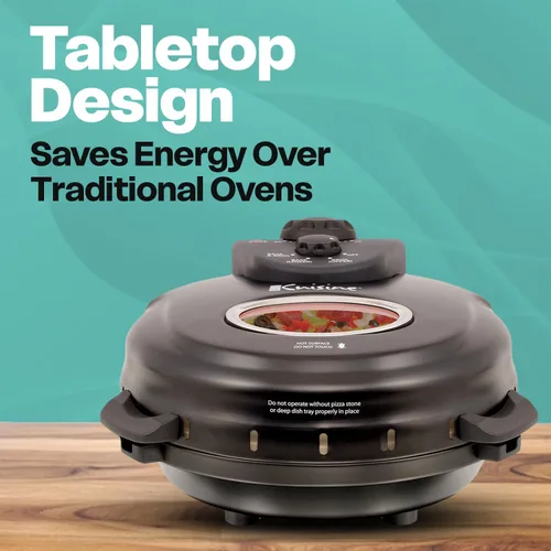 Vista 6 de Euro Cuisine PM600 - Máquina de pizza giratoria de 12 pulgadas con piedra y bandeja para hornear, encimera de pizza eléctrica, versátil máquina