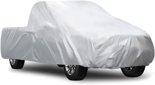 Vista 10 de Cubierta protectora de autos Uxcell 190T, cubierta de poliéster, impermeable y transpirable para todo tipo de clima, Blanco/Plateado