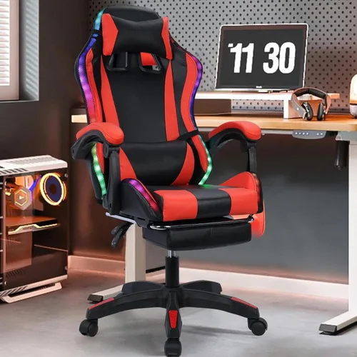Vista 8 de Silla para videojuegos, silla de videojuegos con luz LED, sillas ergonómicas de masaje para computadora, altura ajustable, con asiento giratorio