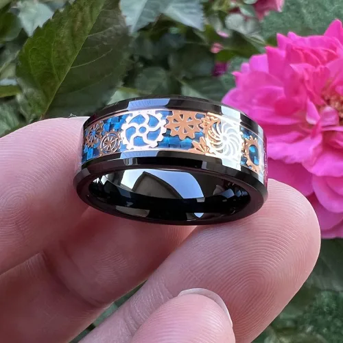 Vista 4 de Wow Jewelers - Anillo de tungsteno de 6 mm y 8 mm color negro, plateado, rojo y azul para hombres y mujeres, anillos de matrimonio estilo Steampunk