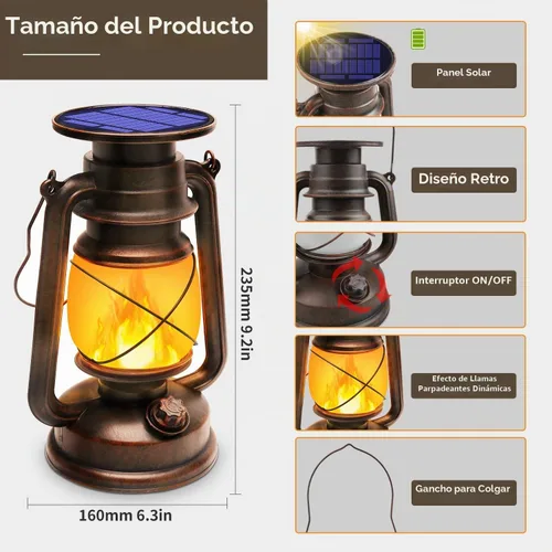 Vista 6 de Linterna Solar para Exterior Impermeable, Luces Solares LED Vintage con Llama Parpadeante, Lámparas de Camping, Linterna Rústica Colgante de Carga