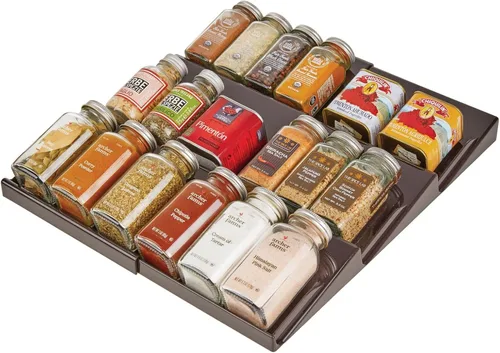 Vista 6 de mDesign - Estante de especias de plástico ajustable y expandible, organizador de cajón para gabinetes de cocina, 3 niveles inclinados para ajo, sal