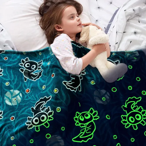 Vista 4 de Manta de Axolotl para niños, manta que brilla en la oscuridad, regalos de Axolotl para adolescentes, niñas y niños, lindos juguetes de salamandra