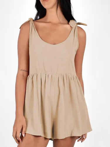 Vista 4 de Hilomirics Overol de verano para mujer, cuello redondo, sin mangas, holgado, ajustable, pantalones cortos de lino con bolsillos