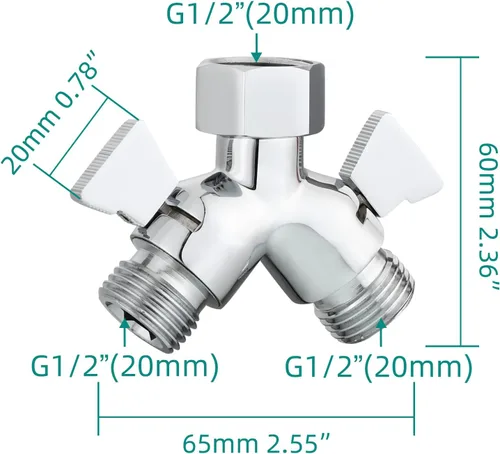 Vista 6 de Tecmolog Divisor de ducha de latón de 2 vías desviador de brazo de ducha con válvula de cierre G 1/2 para cabezal de ducha cromado, DSF017