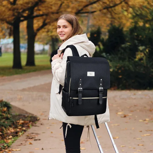 Vista 6 de Ronyes - Mochila vintage para laptop para mujeres y hombres, de 15.6 pulgadas, mochila casual de día con puerto de carga USB para trabajo