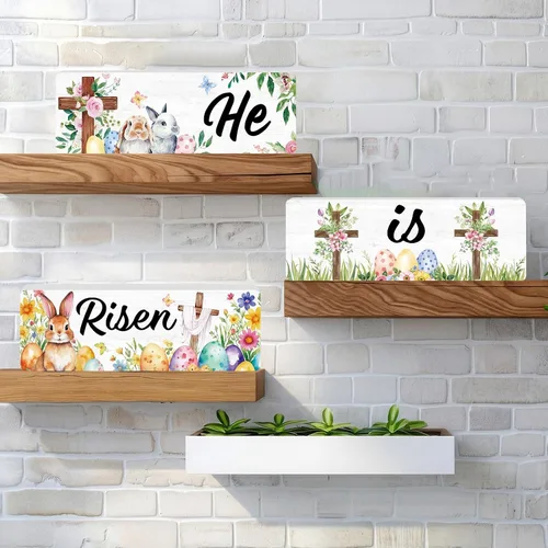 Vista 4 de Qunclay Juego de 3 letreros de mesa de madera con texto en inglés "He is Risen" para decoración de mesa de madera de Pascua, centro de mesa