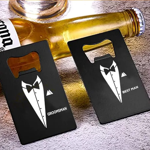 Vista 3 de Syiomlis Abrebotellas padrinos de boda, paquete de 7, abridor de cerveza tamaño tarjeta de crédito para regalos de fiesta de boda, hogar, cocina