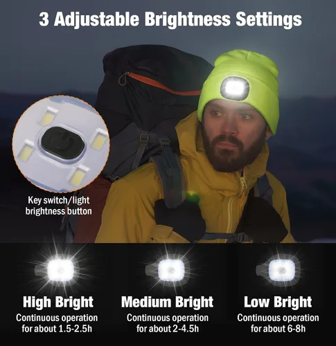 Vista 4 de Gorro LED unisex, linterna de invierno recargable por USB, gorro de Navidad con luz para hombre, esmeralda