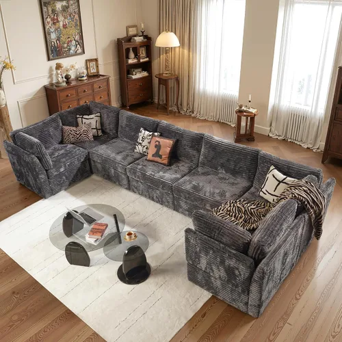 Vista 20 de Ovios - Sofá modular con diván en forma de U y otomanas, cómodo y mullido, tapizado en pana estilo nube, moderno, asiento profundo, juego de sofás