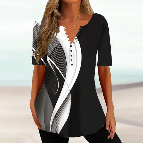 Vista 2 de Camisas casuales para mujer, de manga corta, con botones, cuello en V, para verano, básicas, con estampado de moda, blusas fluidas para vacaciones