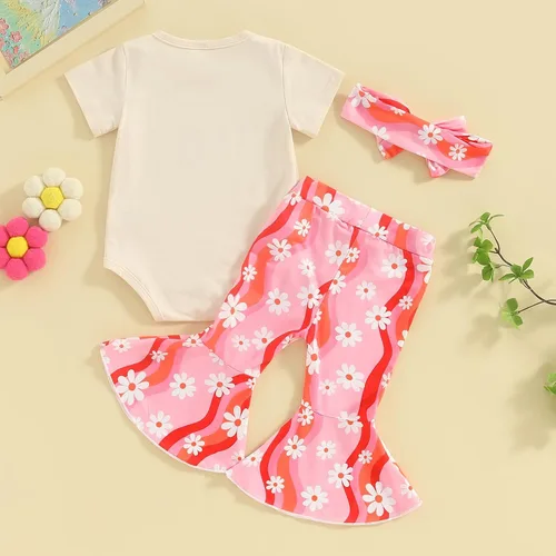 Vista 39 de Sejardin Ropa de verano para bebé y niña, recién nacida, manga corta, con letras, mameluco elástico con diadema