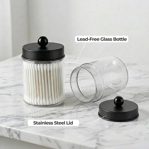 Vista 2 de Amolliar Apothecary Tarros organizador de tocador de baño, tarro de encimera con tapa de almacenamiento, soporte dispensador de vidrio para Qtips