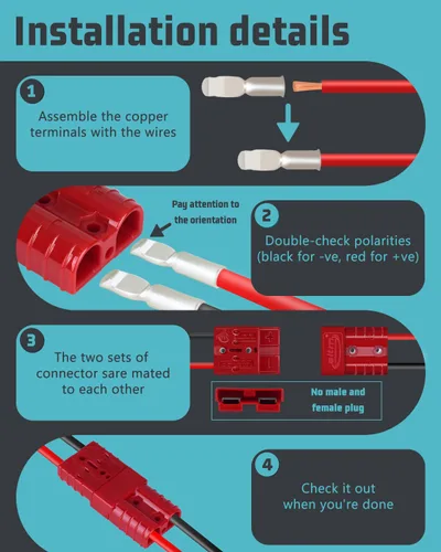 Vista 7 de Conector de batería de 600 V, 50 A, 50 amperios, conexión rápida, enchufe para automóvil, furgoneta, motocicleta (rojo)