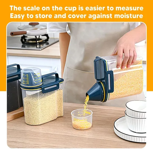 Vista 6 de Recipiente de almacenamiento de arroz, dispensador de arroz de plástico con taza medidora, dispensador hermético de granos con escala Claer, 3.3 lbs