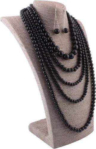 Vista 3 de Conjunto de collar y aretes de perlas sintéticas multicapa a la moda para mujer