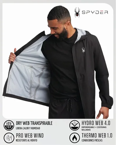 Vista 3 de Spyder Chaqueta impermeable para hombre - Cortavientos con capucha ligera e Negro