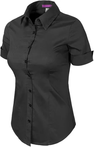 Vista 2 de Design by Olivia Blusa de manga corta elástica con botones para mujer, blusa de trabajo formal para oficina